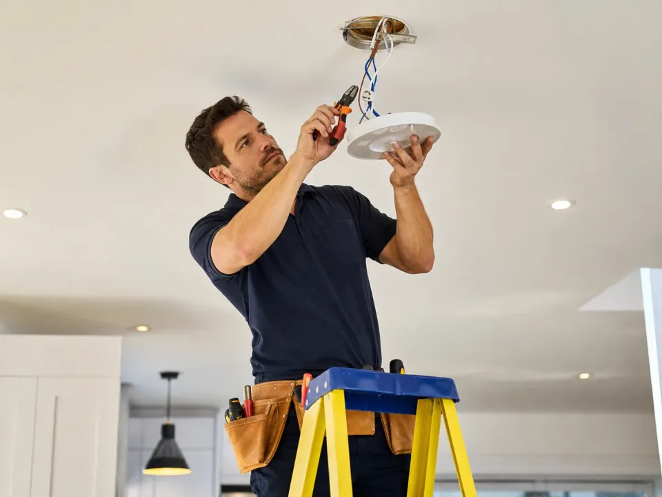 Électricien installant un plafonnier au plafond – prise qui ne fonctionne plus