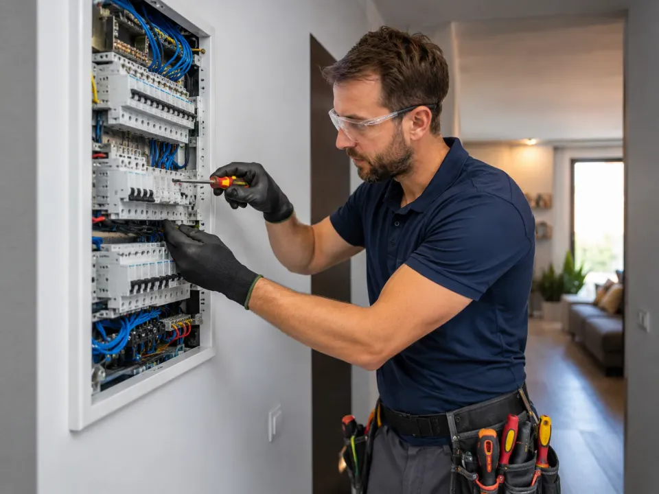 Électricien intervenant sur un tableau électrique dans un appartement – installation électrique de maison