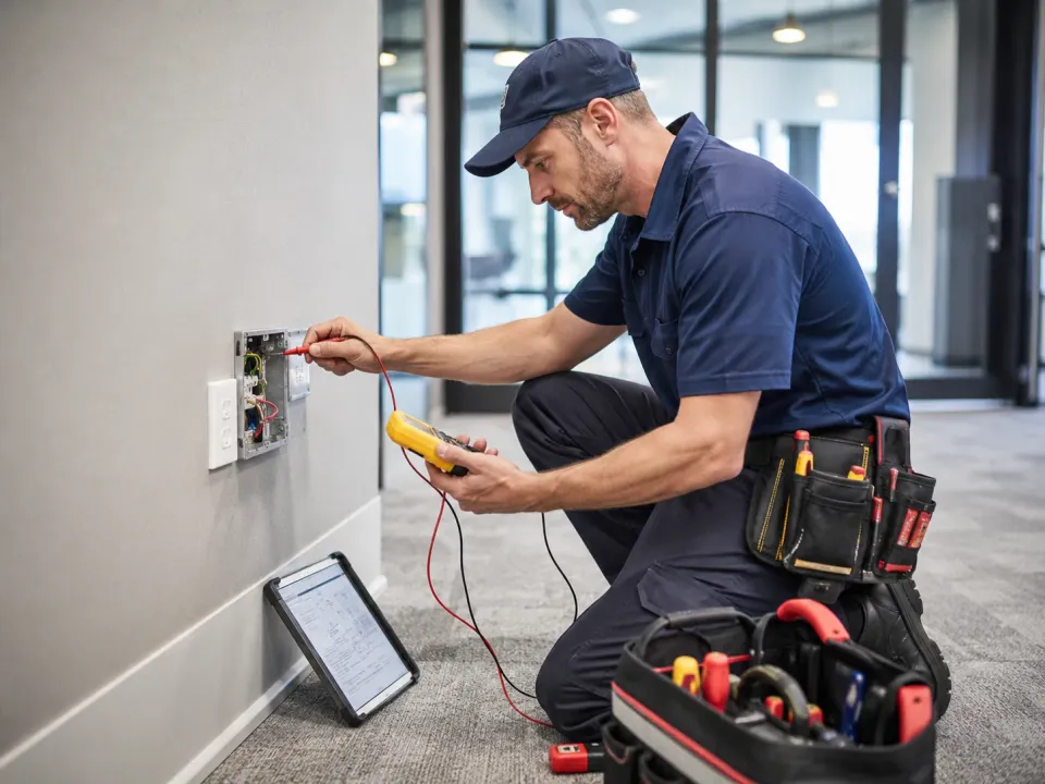 Électricien testant une prise au multimètre dans un local professionnel après un court-circuit